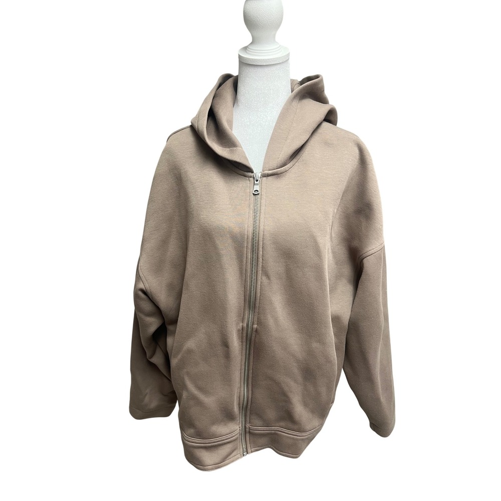 Banana Republic Women Zip Up Hoodie Sz L Taupe Brown Oversized Scuba Sweatshirt